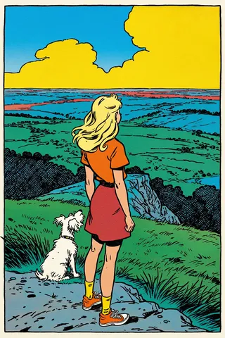 Back view of a blonde woman with wavy hair and a small white dog standing on a grassy ridge, overlooking a vibrant green and blue landscape under a sky with large yellow clouds, rendered in French comic style with bold outlines and flat colors.