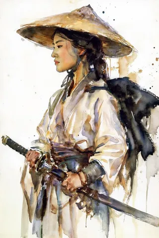 Side profile watercolor painting of an Asian woman wearing a traditional conical straw hat and holding a katana, dressed in a light robe with muted earth tones.