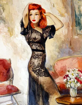 Oil painting of a light-skinned red-haired woman wearing a black lace dress, standing indoors with her hands raised to her hair, near a table with a vase of flowers.