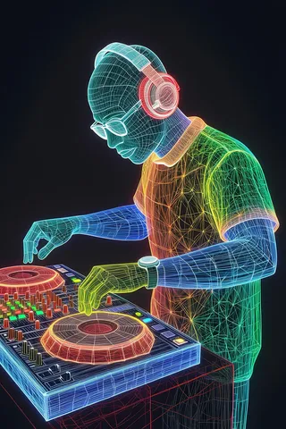 Digital wireframe illustration of a male DJ with glowing multi-colored lines leaning over a mixing console, wearing headphones and glasses.