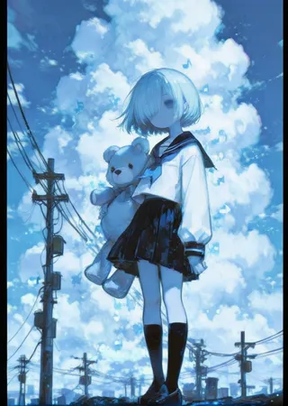 Girl in a school uniform with short hair holding a teddy bear, standing under a blue sky filled with clouds and power lines in the background.
