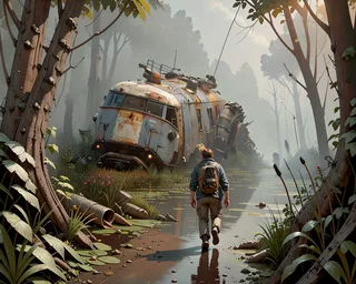 Explorer walking towards a large rusted abandoned vehicle in a misty forest swamp surrounded by trees and plants.