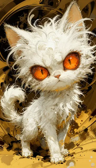A digital painting of a tiny, distressed white kitten with chaotic fur and large, malevolent orange eyes, styled with black outlines and an Art Nouveau influence.