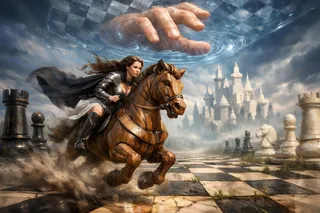 A majestic lady in armor rides a wooden chess knight galloping across a large chessboard towards a mystical castle under a dramatic sky with a giant glowing hand above.