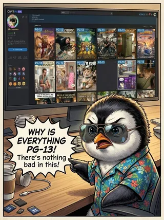 A cartoon penguin wearing sunglasses and a floral shirt pointing at a computer screen showing various PG-13 rated movies, with a speech bubble saying 'WHY IS EVERYTHING PG-13! There's nothing bad in this!'