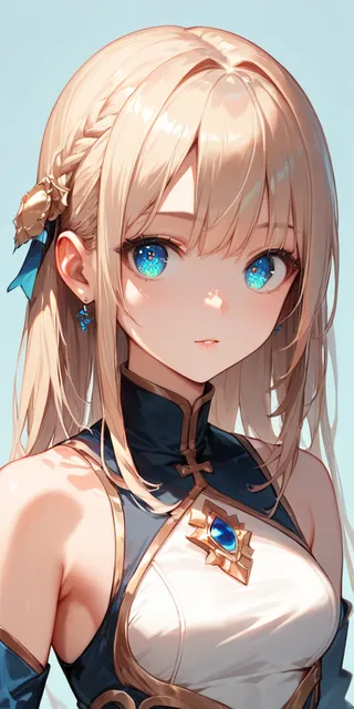 Anime-style blonde girl with shiny hair, bright blue detailed eyes, a cute face, wearing a decorated outfit against a simple background.