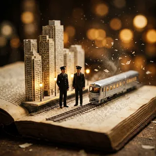 Miniature conductor figures stand on a railway platform built on an open book page with tall paper skyscrapers, as a graphite silver train approaches amid drifting paper dust and glowing amber station lights.