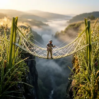 A miniature engineer stands on a glowing spider silk suspension bridge stretched between tall blades of grass, illuminated by golden dawn light over a foggy valley.
