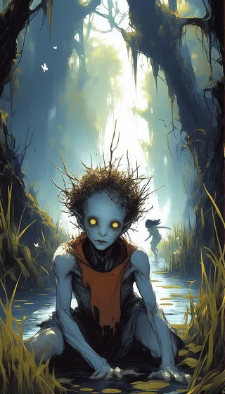 An eerie, pale blue-gray creature with glowing yellow eyes crouches in a misty swamp surrounded by tall reeds and moss-draped trees, with a running figure in the distant background