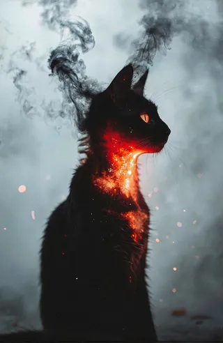 A black cat in profile with a translucent head revealing a glowing orange-red core, wisps of smoke rising from its ears, and embers floating around, set against a misty gray background with grainy texture.