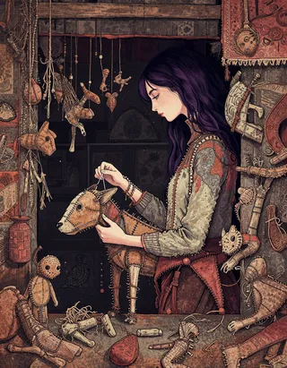 Young woman with dark purple hair adjusting a stitched fabric and bone hybrid animal figure in dimly lit interior with dark folk illustration style and textured gouache detail.