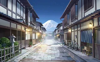 Visual novel style scene of a traditional Japanese street at twilight featuring dark wood machiya buildings, stone-paved street, bicycles, blue noren, and Mount Fuji silhouette in distance.