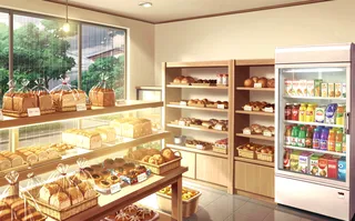 Visual novel style illustration of a Japanese bakery interior on a rainy day, showing wooden shelves and tables filled with fresh breads and pastries, with a refrigerated display of drinks, and a window with rain outside.