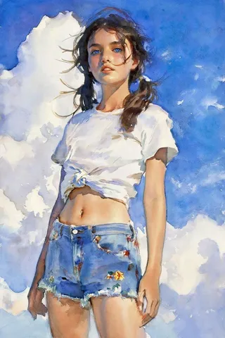 Watercolor painting of a young woman with dark hair in messy ponytails, wearing a knotted white cotton t-shirt and floral embroidered denim shorts against a vibrant blue sky with white clouds.