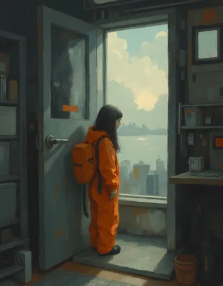 A pale, melancholy 12-year-old girl wearing an orange jumpsuit and backpack stands in a dimly lit, minimalist space station room, looking out of a large window at a distant cityscape under a cloudy sky.