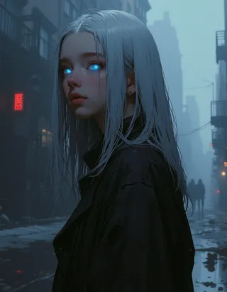 Cyberpunk young albino teen girl with long white hair and glowing blue eyes in a foggy city street, wearing dark clothing and surrounded by cinematic lighting.