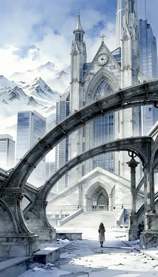 Futuristic cityscape featuring a colossal gothic-style edifice with a clock tower, snow-covered mountains in the background, and a woman in a winter coat walking on a snowy path under a large metallic arch.