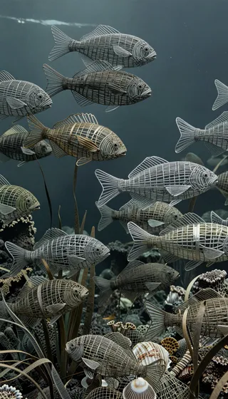 Underwater scene with a school of fish crafted from woven wire mesh in muted brown and gray tones, featuring wire seashells and coral formations with cool ambient lighting.