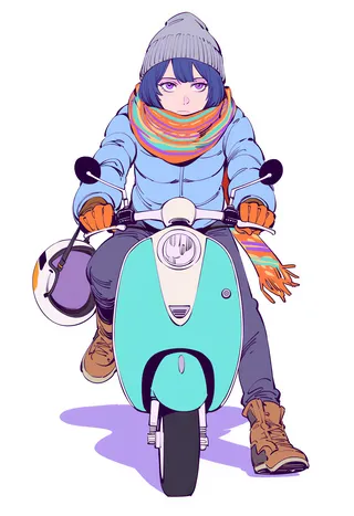 Anime style illustration of a teenage girl with short blue hair and purple eyes wearing a gray knit beanie, colorful striped scarf, light blue puffer jacket, orange gloves, grey pants, and brown boots sitting on a turquoise and white scooter holding the handlebars with a white helmet hanging from the scooter side.