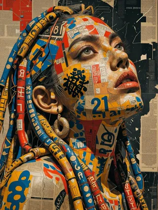 Hyperrealistic close-up portrait of a figure with a textured, multicolored collage face composed of vibrant fragments and symbols, with intricate dreadlocked hair and dramatic chiaroscuro lighting.