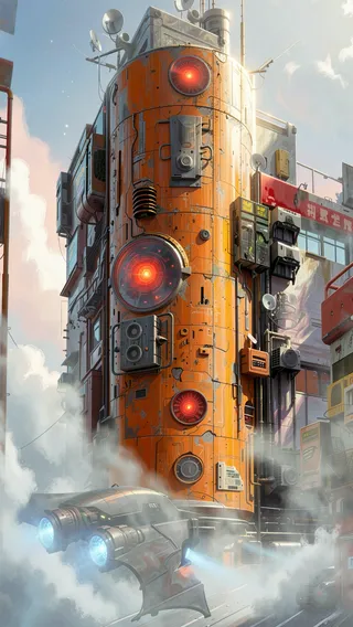 A tall, orange futuristic industrial building with red circular lights and mechanical details, situated in a cyberpunk cityscape with a hovering vehicle emitting blue light below.