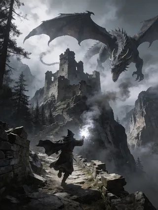 A robed wizard runs on a steep rocky mountain path, casting white magic against a huge dragon lunging from fog near a ruined castle.