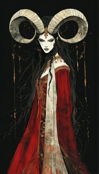 Digital illustration of a regal woman with large spiraled ram horns, wearing a red and white gown with gold embroidery and dark braided hair, set against a dark abstract background.