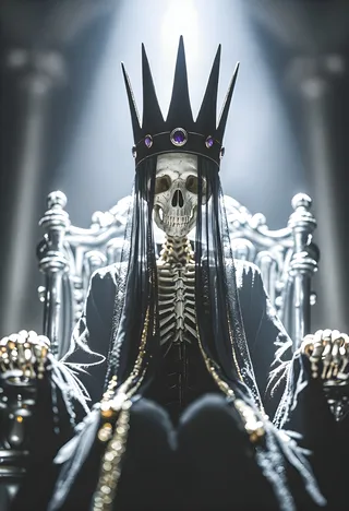 A skeleton king seated on an ornate silver throne under a beam of light, wearing a tall black crown with purple gemstones, a black robe with gold trim, and a thin black translucent shawl over its skull.