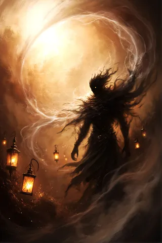 A dark, mysterious male silhouette surrounded by swirling ethereal mist and glowing lanterns in a warm-toned fantasy realm rendered with oil painting style.