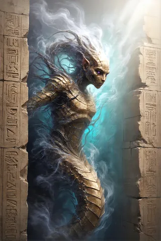 Mystical serpentine creature with shimmering iridescent scales emerging from mist in front of an ancient Egyptian temple adorned with hieroglyphics.