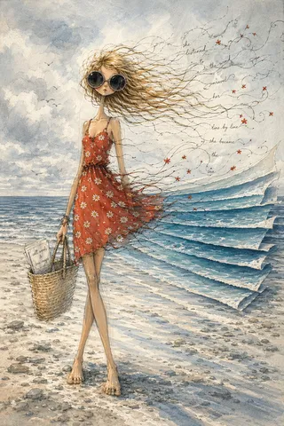 Hand-drawn storybook girl with oversized round sunglasses and honey-blonde hair wearing a red sundress with white daisies, standing barefoot on a pebbled beach with the ocean behind her depicted as layered blue pages unraveling in the wind.