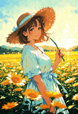 Anime-style girl wearing a straw hat and light blue dress standing in a vibrant sunflower field under warm sunlight with a peaceful smile and gentle wind blowing.