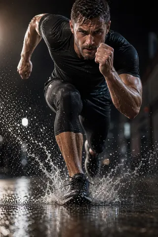 Close-up dynamic photo of a male runner mid-stride splashing water on a rain-soaked asphalt surface at night, muscles tensed, with dramatic side lighting and water droplets frozen in motion.