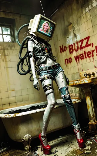 A surreal horror fashion figure featuring a biomechanical feminine body with a white CRT television as a head, standing in a decaying bathroom with graffiti saying 'No BUZZ, no water!'