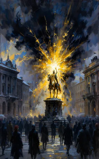 A detailed expressionistic oil painting of a winter European square at twilight with an equestrian statue radiating gold light locked in conflict with a dark void light, surrounded by neoclassical buildings and a crowd in heavy coats.