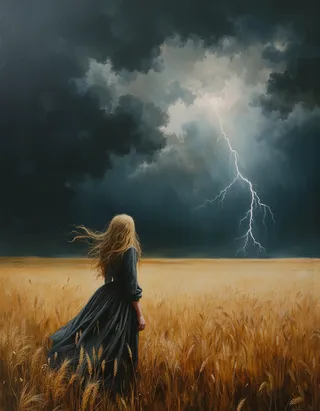 A Victorian girl with long blond hair and a dark dress stands in a golden wheat field, facing a stormy sky with lightning and dark clouds.