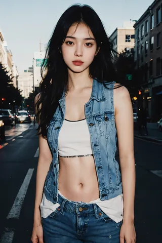 Photorealistic image of a girl with long black hair wearing a denim vest and cutoff jeans standing in the middle of an urban street with a traffic light in the background.