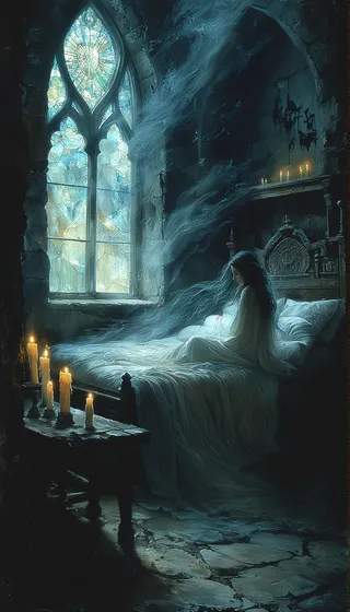 A translucent spectral young woman in a pale flowing garment sits on a dark wooden bed in a dim stone chamber, illuminated by candlelight and a stained glass window.