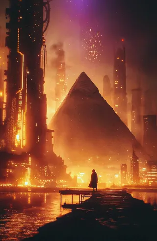 A cloaked figure stands on a dark, textured dock facing a glowing futuristic city dominated by a massive pyramid under amber and violet skies with neon-lit skyscrapers.