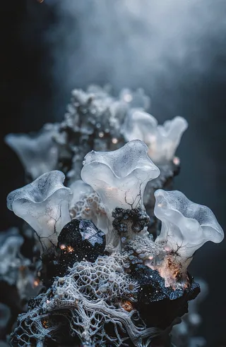 A macro photograph featuring translucent, irregularly shaped structures resembling petrified coral or deep-sea anemones, interwoven with fibrous roots and dark glossy obsidian fragments, illuminated by cool ambient and warm internal light within a misty, shadowy background.