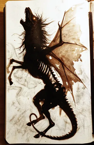 Dark skeletal equine-dragon hybrid rearing with tattered bat-like wings, rendered in charcoal and deep umber on a sketchbook page with loose graphite drawings.