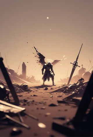 A broken warrior with tattered wings stands in dusty ruins under a twilight sky, surrounded by shadows and soft bokeh highlights.