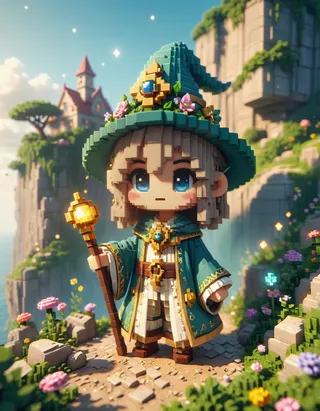 Pixel art chibi wizard standing in a secret garden landscape with a magical staff, surrounded by cliffs, flowers, and a distant castle.