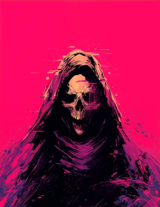 A hooded skeletal figure emerges from deep shadow with neon magenta and indigo colors, featuring painterly textures and glitch effects in a graphic novel style.