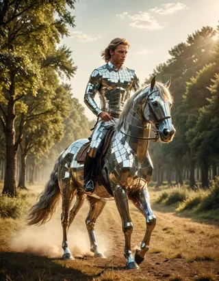 A male nymph dressed in shiny reflective metallic armor riding a similarly metallic-armored horse along a sunlit forest path with trees lining both sides.