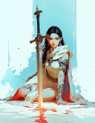 A medieval fantasy woman dressed in white tunic and metallic armor sits on the ground holding a large ornate sword against a soft blue background, illustrated in a graphic-novel style.