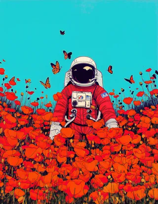 Retro anime style illustration of an astronaut in a red spacesuit standing in a field of vivid red poppies under a bright blue sky, surrounded by fluttering orange and black butterflies.