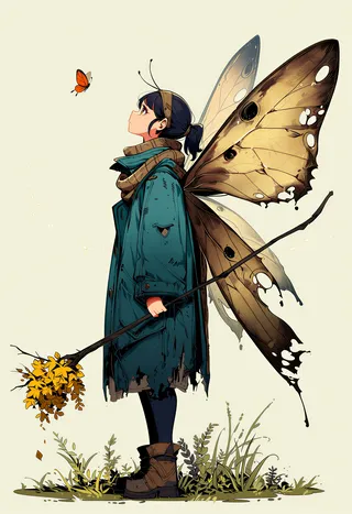 Young girl in profile with dark hair tied back, wearing a distressed teal coat and scarf, with large tattered insect-like wings resembling dried leaves, holding a staff topped with yellow autumn leaves, facing a small orange butterfly.