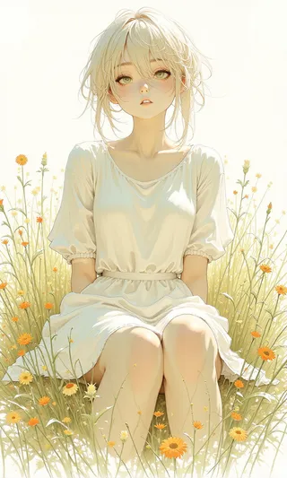 A young woman with short blonde hair sits gently amidst a field of yellow and orange wildflowers, wearing a light flowing white dress, blending softly with the nature around her.