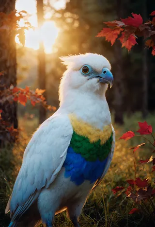 A photorealistic anthropomorphic bird with white feathers and green stripes on its chest, bathed in golden sunlight in a lush forest with red leaves.